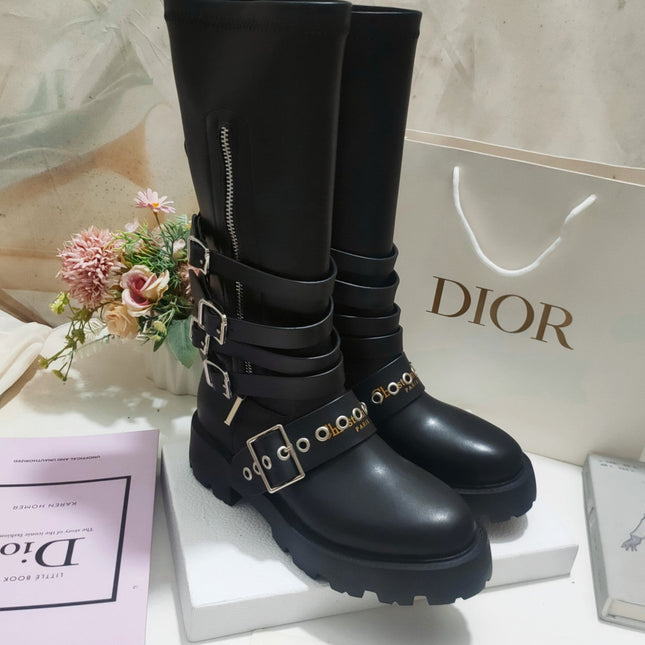 CD ZIPPER BUCKLE BOOTS IN BLACK CALFSKIN