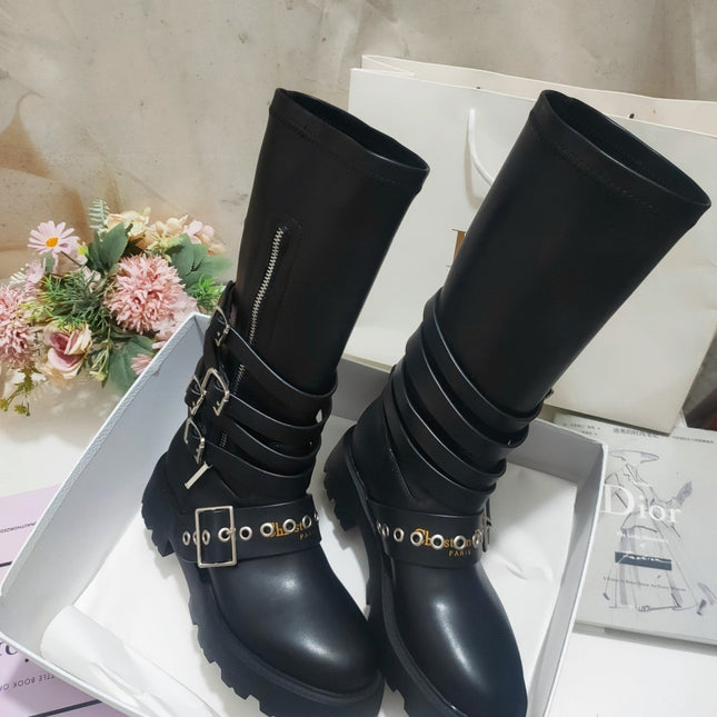 CD ZIPPER BUCKLE BOOTS IN BLACK CALFSKIN