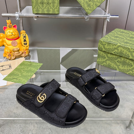 GG SANDALS IN BLACK FABRIC AND CALFSKIN WITH GOLD HARDWARE