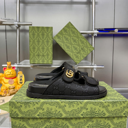 GG SANDALS IN BLACK FABRIC AND CALFSKIN WITH GOLD HARDWARE