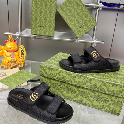 GG SANDALS IN BLACK FABRIC AND CALFSKIN WITH GOLD HARDWARE