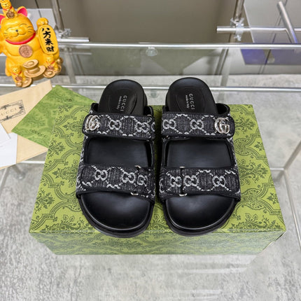 GG SANDALS IN BLACK FABRIC AND CALFSKIN WITH SILVER HARDWARE