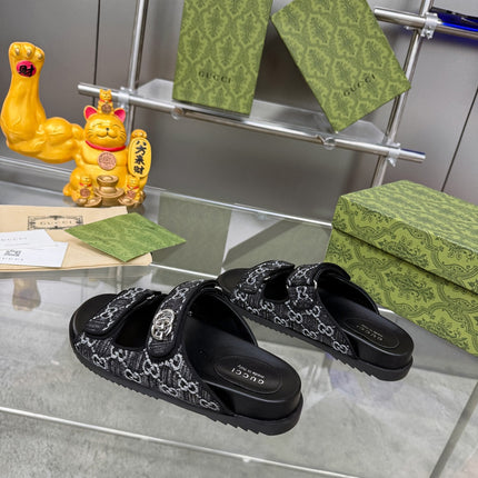 GG SANDALS IN BLACK FABRIC AND CALFSKIN WITH SILVER HARDWARE