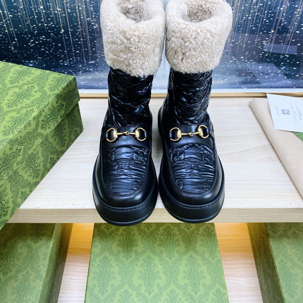 HORSEBIT ANKLE BOOTS WITH MERINO TRIM IN BLACK EMBOSSED CALFSKIN