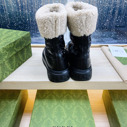 HORSEBIT ANKLE BOOTS WITH MERINO TRIM IN BLACK EMBOSSED CALFSKIN