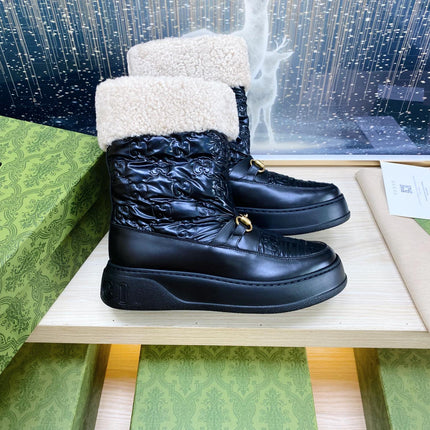 HORSEBIT ANKLE BOOTS WITH MERINO TRIM IN BLACK EMBOSSED CALFSKIN