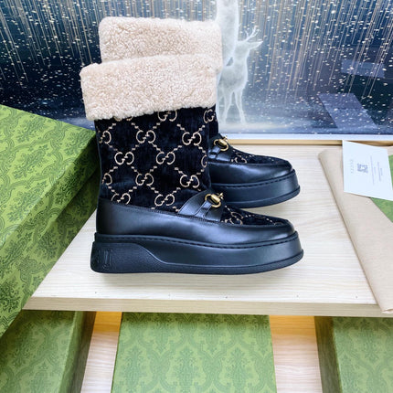 HORSEBIT ANKLE BOOTS WITH MERINO TRIM IN BLACK VELVET AND CALFSKIN