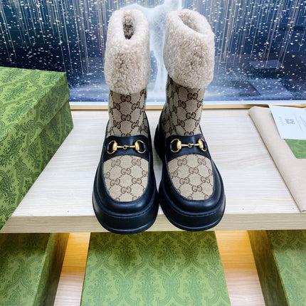 HORSEBIT ANKLE BOOTS WITH MERINO TRIM IN BEIGE JACQUARD FABRIC MIX BLACK CALFSKIN