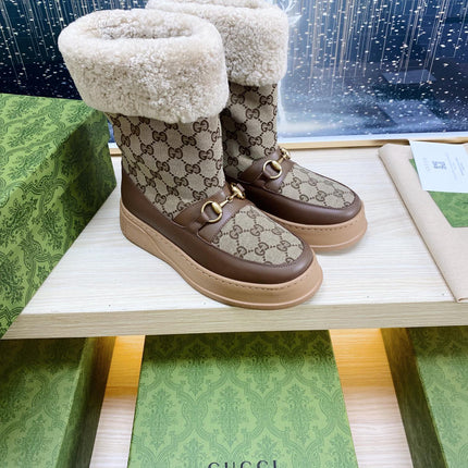 HORSEBIT ANKLE BOOTS WITH MERINO TRIM IN BEIGE JACQUARD FABRIC MIX BROWN CALFSKIN