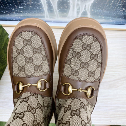 HORSEBIT ANKLE BOOTS WITH MERINO TRIM IN BEIGE JACQUARD FABRIC MIX BROWN CALFSKIN