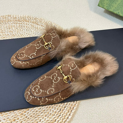 HORSEBIT MULE IN COCOA BROWN MONOGRAM VELVET AND LAMB WOOL LINING