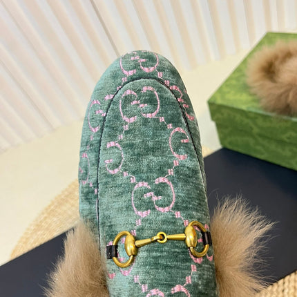 HORSEBIT MULE IN TURQUOISE MONOGRAM VELVET AND LAMB WOOL LINING