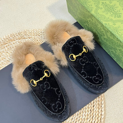 HORSEBIT MULE IN BLACK MONOGRAM VELVET AND LAMB WOOL LINING