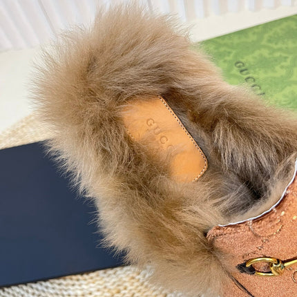 HORSEBIT MULE IN SYRUP BROWN MONOGRAM VELVET AND LAMB WOOL LINING