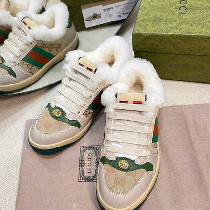 SNEAKER WITH WEB IN BEIGE GREEN FABRIC MIX SUEDE AND LAMB WOOL LINING