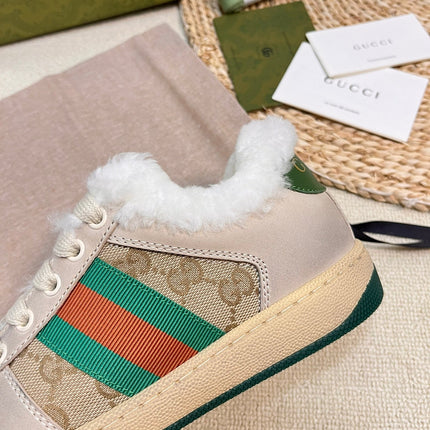 SNEAKER WITH WEB IN BEIGE GREEN FABRIC MIX SUEDE AND LAMB WOOL LINING