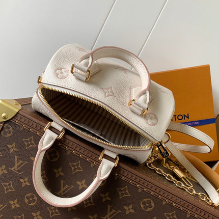 SPEEDY BANDOULIÈRE 21 IN WHITE AND PINK MONOGRAM CANVAS