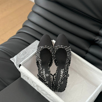 HIGH SLINGBACK IN BLACK MIX WHITE TWEED AND LAMBSKIN