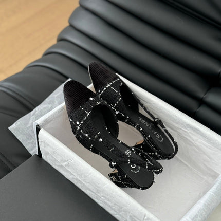 HIGH SLINGBACK IN BLACK TWEED AND LAMBSKIN