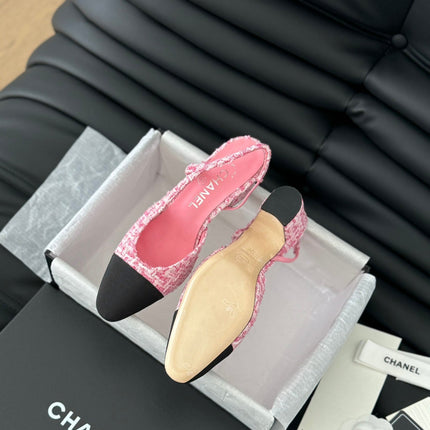 HIGH SLINGBACK IN LIGHT PINK TWEED AND BLACK LAMBSKIN