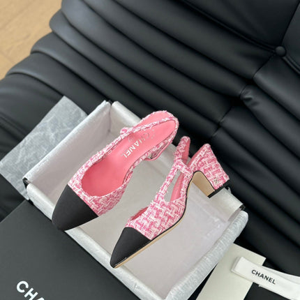 HIGH SLINGBACK IN LIGHT PINK TWEED AND BLACK LAMBSKIN