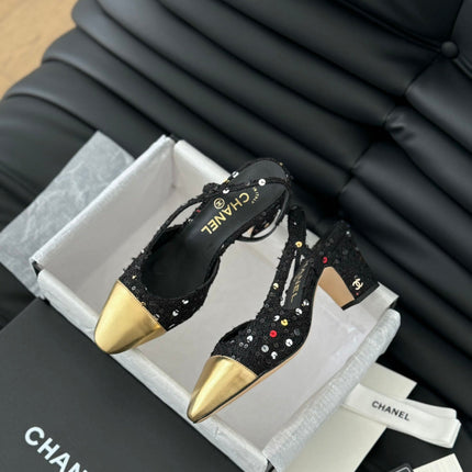 HIGH SLINGBACK IN BLACK TWEED AND GOLDEN LAMBSKIN