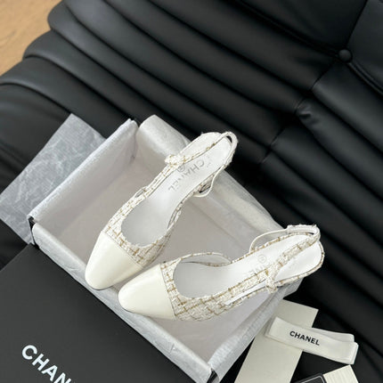 HIGH SLINGBACK IN WHITE TWEED AND LAMBSKIN