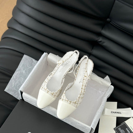 HIGH SLINGBACK IN WHITE TWEED AND LAMBSKIN