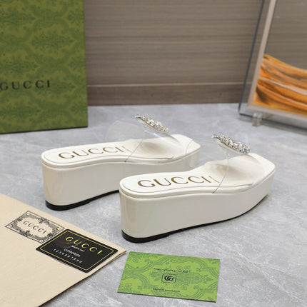 HIGH WEDGE PLATFORM IN WHITE GLOSSY CALFSKIN WITH DOUBLE CRYSTAL G BUCKLE