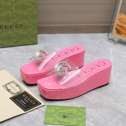 HIGH WEDGE PLATFORM WITH DOUBLE G IN PINK GLOSSY CALFSKIN