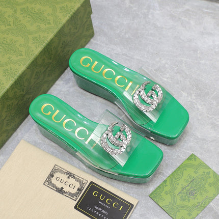 HIGH WEDGE PLATFORM WITH DOUBLE G IN GREEN GLOSSY CALFSKIN