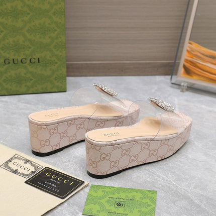 HIGH WEDGE PLATFORM IN ALMOND BEIGE CANVAS WITH DOUBLE CRYSTAL G BUCKLE