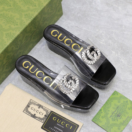 HIGH WEDGE PLATFORM IN BLACK GLOSSY CALFSKIN WITH DOUBLE CRYSTAL G BUCKLE