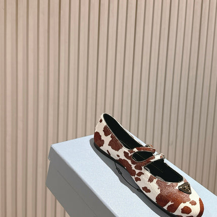 PRADA 25S CRYSTAL EMBELLISHED BALLERINA IN WHITE AND DARK BROWN FUR