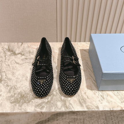 PRADA 25S CRYSTAL EMBELLISHED BALLERINA IN BLACK SUEDE