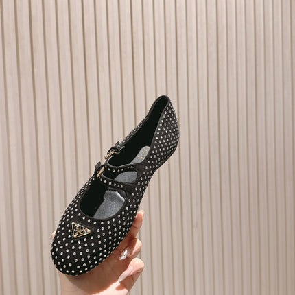 PRADA 25S CRYSTAL EMBELLISHED BALLERINA IN BLACK SUEDE