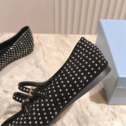 PRADA 25S CRYSTAL EMBELLISHED BALLERINA IN BLACK SUEDE