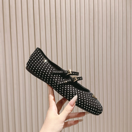 PRADA 25S CRYSTAL EMBELLISHED BALLERINA IN BLACK SUEDE