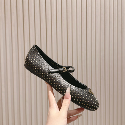 PRADA 25S STUD EMBELLISHED BALLERINA IN BLACK CALFSKIN