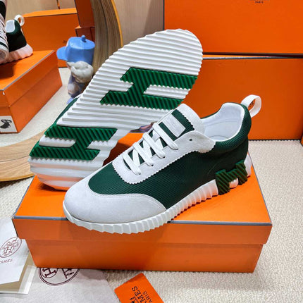 BOUNCING SNEAKER IN PALE GRAY SUEDE AND GREEN FOREST KNIT