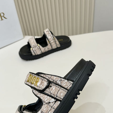 DIOR CLASSIC DOUBLE-STRAP SLIDES 25S IN SOFT ROSE BEIGE TWEED AND BLACK CALFSKIN