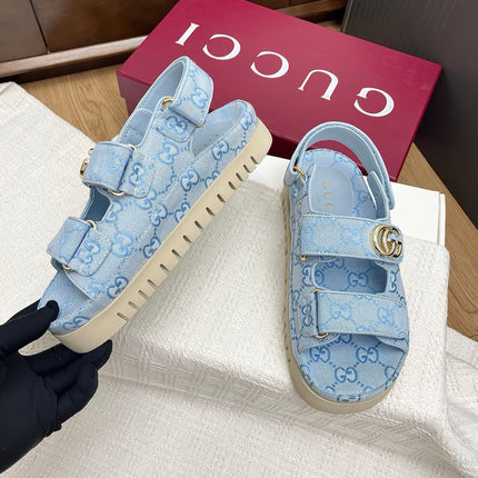 GG CLASSIC SANDALS 25S IN SKY BLUE FABRIC WITH GOLD HARDWARE