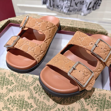 SANDALS IN BURNT ORANGE SUEDE EMBOSSED LOGO SILVER HARDWARE
