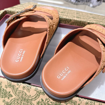 SANDALS IN BURNT ORANGE SUEDE EMBOSSED LOGO SILVER HARDWARE
