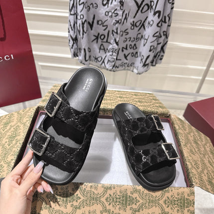 SANDALS IN BLACK SUEDE EMBOSSED LOGO SILVER HARDWARE