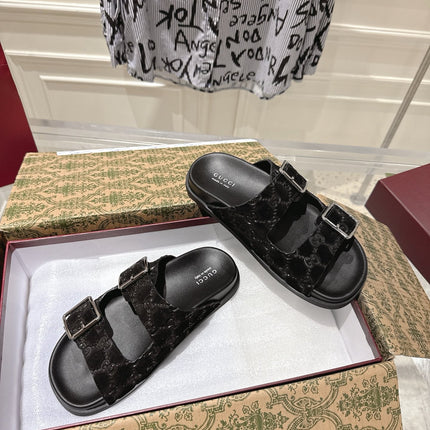 SANDALS IN BLACK SUEDE EMBOSSED LOGO SILVER HARDWARE