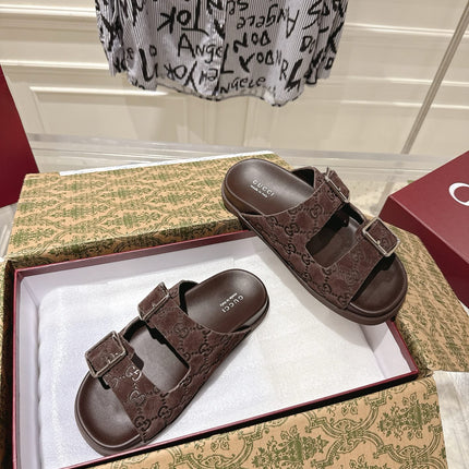 SANDALS IN NAVY BROWN SUEDE EMBOSSED LOGO SILVER HARDWARE