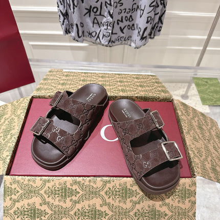 SANDALS IN NAVY BROWN SUEDE EMBOSSED LOGO SILVER HARDWARE