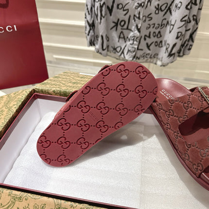 SANDALS IN NAVY RED SUEDE EMBOSSED LOGO SILVER HARDWARE