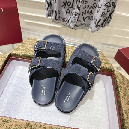 SANDALS IN NAVY BLUE SUEDE EMBOSSED LOGO SILVER HARDWARE